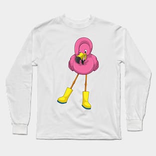 Flamingo at Raining with Rubber boots Long Sleeve T-Shirt